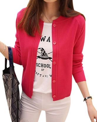 ShiFan Women Basic Round Neck Fine Knit Button Down Short Cardigan Rose L