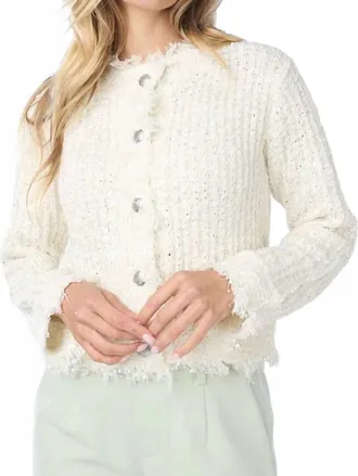 Esqualo Olena Fray Tweed Cardigan In Off White With Hints Of Gold