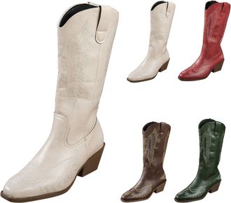 Generic Womens Western Mid-Calf Cowboy Boots with Floral Embroidered, Ladies Pointed Toe Chunky Heel Slip on Retro Tall Boots Classic Pull On Design Western F