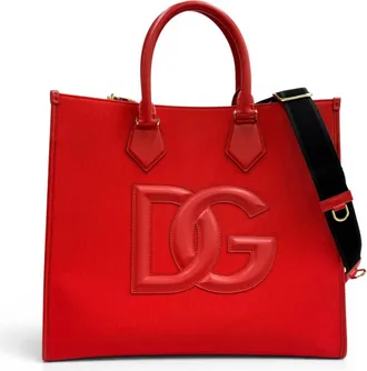 Dolce & Gabbana Red Color Leather Canvas Tote Bag (Pre-Owned)