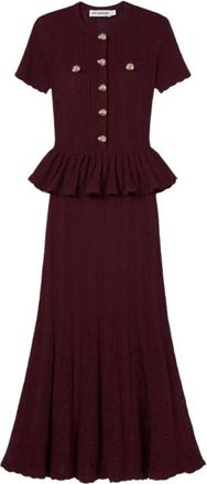 Self Portrait Pointelle Peplum Gebreide Midi Jurk - Dames - Casual kleedjes - Rood - XS - Kleedjes