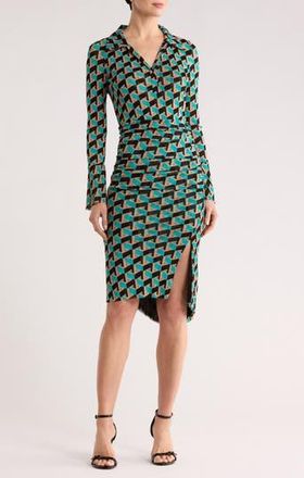 Diane Von F&uuml;rstenberg Lilly Johnny Collar Long Sleeve Dress in Intermission Geo Turquoise at Nordstrom Rack, Size Xx-Small