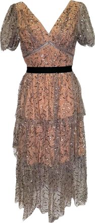 Self Portrait Tiered Sequined Tulle Midi Dress in Beige Polyester