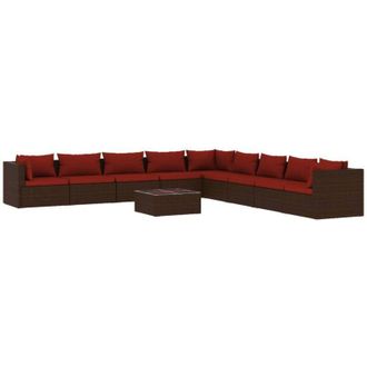 vidaXL Set Muebles De Jard&iacute;n 10 Pzas Y Cojines Rat&aacute;n Sint&eacute;tico Marr&oacute;n Vidaxl