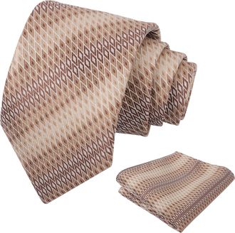 Alizeal Mens Regular Geometric Necktie and Pocket Square for Wedding Holiday Party Tie Set, Khaki+Brown