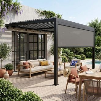 Sweeek P&eacute;rgola bioclim&aacute;tica de aluminio adosada 3x4m + 1 toldo 4m, negro