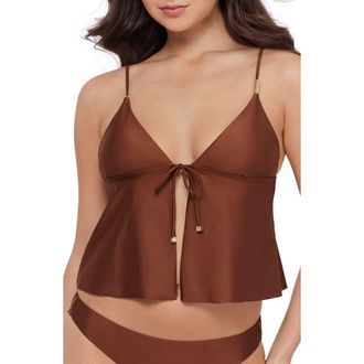 Steve Madden Tie Front Crop Tankini Top in Oak Brown at Nordstrom, Size X-Small