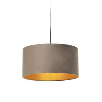 QAZQA R&uacute;stico L&aacute;mpara Colgante Con Pantalla De Terciopelo Topo Y Dorado 50 Cm - Combi Textil /acero Cil&iacute;ndra /alargada /redonda Adecuado Para Led Max. 1 X 6