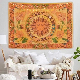 OEM Tapiz Sol Ardiente Flores Primaverales Tapiz Vintage Para Pared Tapiz De Constelaci&oacute;n Naranja Para Dormitorio Sala De Estar 150 X 130 Cm