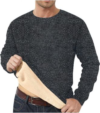 Generic Mens Fleece Lined Sweatshirts Warm Jumper Winter Crewneck Long Sleeve Sweater Work Thermal Underwear Workwear Casual Sports Plain Sherpa Sweater (Grey