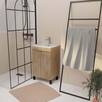 Aurlane Mobile da bagno 50 cm Decorazione Rovere Naturale con ante e Lavabo in ceramica bianca