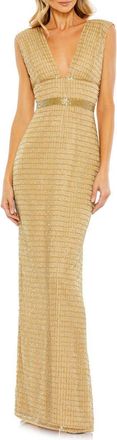 Mac Duggal Beaded Cap Sleeve V Neck Column Gown in Gold at Nordstrom, Size 10