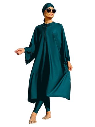Generic 3PCS New Modest Swimwear Burkini Femmes Muslim All Covered Swimsuit Loose Swimwear for Islamic Women Solid Color Long Sleeveed Robe and Pant with Hija