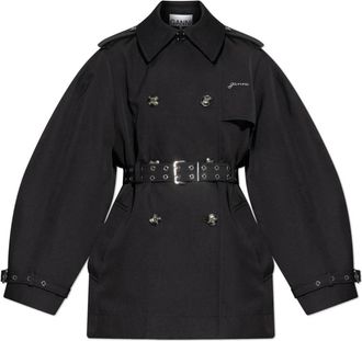 Ganni Korte Double-Breasted Trenchcoat - Dames - Trenchcoats - Zwart - M - Polyester - Jassen