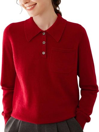 Dissa Women Cashmere Jumper Red Lapel Knitted Jumper Long Sleeve Relaxed Cashmere Wool Thin Pockets Ladies Sweater,UK 14,SH509