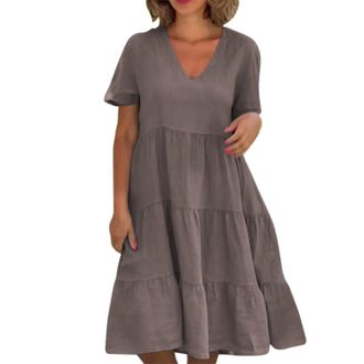 Generic Womens and Sweet V Neck Solid Color Large Swing Casual Dress Pencil Dresses (Coffee, XXL)