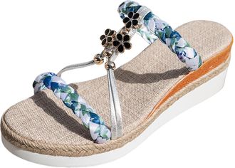Generic Womens Espadrille Wedge Slides Bohemia Summer Vintage Beach With Flower Glitzy Jewels Outdoor Walking Slides Casual Summer Shoes