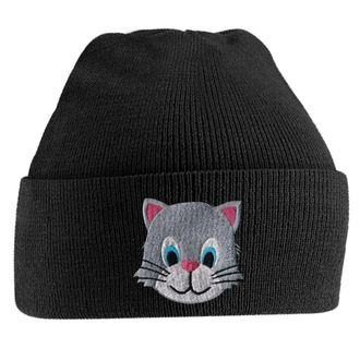 Bang Tidy Clothing Beanie Hats for Men Kitten Face Beanies Embroidered Animal Face Knitted Wooly Hat One Size Fits All Beanie Hat - Black