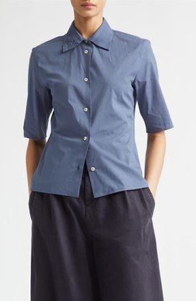 Jil Sander Pleated Collar Short Sleeve Cotton Button-Up Shirt in Sugar Paper at Nordstrom, Size 40