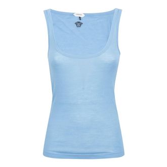 Versace Sleeveless Tops, female, Blue, Size: XS Embroidered Ribbed Wool Tank Top