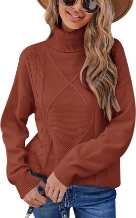 Feoya Womens Turtle Neck Sweater Cable Knit Jumpers Long Sleeve Knitted Pullover Tops Loose Roll High Polo Neck Jumper Winter Casual Knitwear Camel L