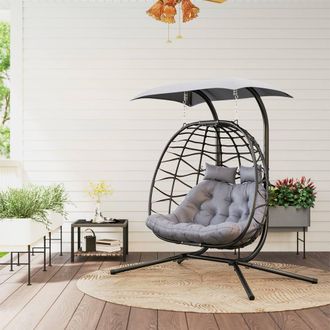 OUTSUNNY Rattan Double Hanging Egg Chair with Canopy, Cushion, Black