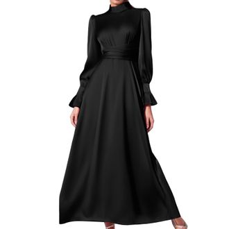 Generic Womens Satin Dress Long Lantern Sleeve Mock Neck Puff Shoulder Tie Waist Pleated Cocktail Maxi Dresses Dresses for Women UK