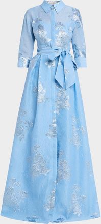 Teri Jon Metallic Jacquard Collared Long Dress