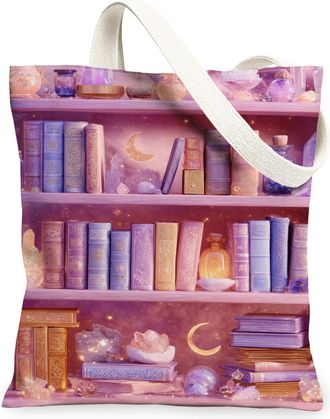 Generic Book Shelf Canvas Tote Bags, Library Pattern Reusable Grocery Bags, Spring Vintage Artistic Lightweight Washable Shoulder S, Violet, 13x15 Inch