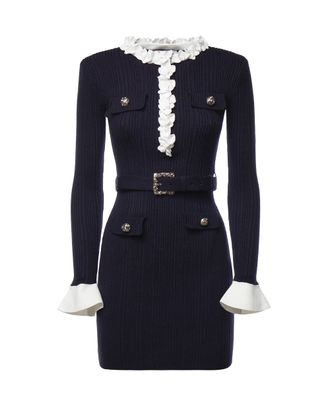 Self Portrait Ribbed Knit Jewel Button Floral Mini Dress