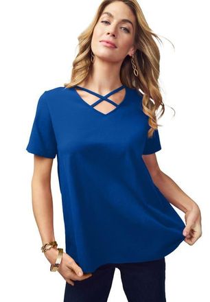 Jessica London Stretch Cotton Crisscross Strap Tee in Dark Sapphire at Nordstrom, Size Medium