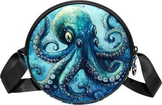 Generic Circle Crossbody Bag for Women, Blue Octopus Small Sling Bag Daypack with Zipper Adjustable Shoulder Straps Casual Ladies Girls Round Purse