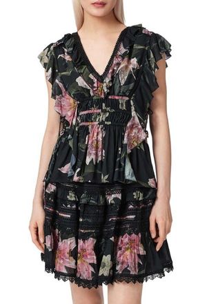 AllSaints Canto Floral Side Tie Tiered Ruffle Trim Top in Crystal Black at Nordstrom, Size 12 Us