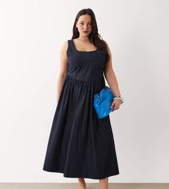 Asos Curve ASOS DESIGN Curve - Vestito midi in denim rinse wash stile ballerina-Blu