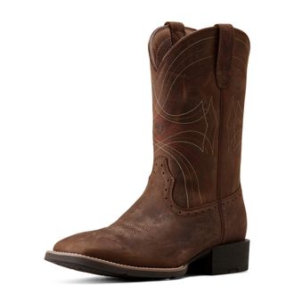 Ariat Mens Sport Wide Square Toe Western Boots in Distressed Brown Leather, D Medium Width, Size 7.5, by Ariat
