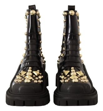 Dolce & Gabbana Womens Black Leather Studded Combat Boots