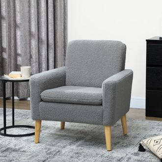 HOMCOM Modern Accent Chair with Wood Legs, Wide Seat, Teddy Armchair, Grey | Size: Armchair