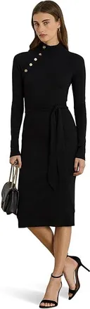 Lauren Ralph Lauren Button-Trim Rib-Knit Mock Neck Dress Womens Dress Black : LG, Cotton/Elastane/Modal
