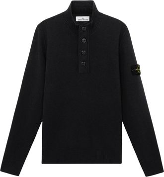 Stone Island Black Knitted Sweater with Mock Neck and Signature Sleeve Badge