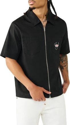 True Religion Buddha Graphic Short Sleeve Zip-Up Shirt in Black at Nordstrom, Size Xxx-Large