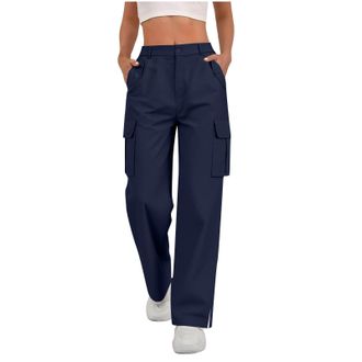 Generic Cargo Joggers for Women UK - Wide Leg Sweatpants, Hem Side Split Trousers, Athletic Jogging Bottoms, Casual Loose Fit Loungewear, Button Solid Color P