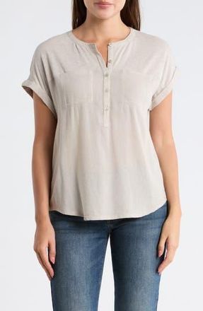 Lucky Brand Mixed Media Short Sleeve Cotton Henley Top in Dove at Nordstrom Rack, Size X-Small