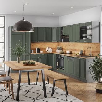 Vicco Cocina Esquinera Fame-line, Verde-dorado Casa De Campo/antracita, 347 X 257 Cm Sin Encimera