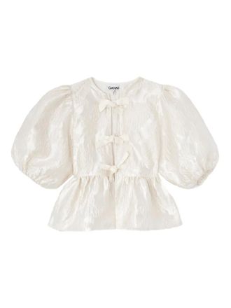 Ganni bow puff-sleeve blouse - women - Fabric - 34 - Neutrals