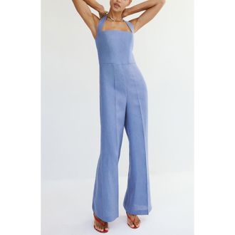 Mango Solid Linen Halter Jumpsuit in Blue at Nordstrom, Size X-Small