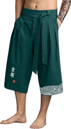 Generic Mens Japanese Traditonal Cropped Trousers Baggy Relaxed-Fit Wide Leg Palazzo Beach Pants Kimono Linen Capri Pants Harem Trousers
