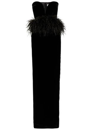 New Arrivals Sienna Feather-appliqu&eacute;d Velvet Maxi Dress - Black - 34 (UK6 / XS)