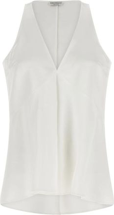 Brunello Cucinelli Top van katoen en zijdesatijn - Dames - Blouses - Wit - M - Katoen - Overhemden