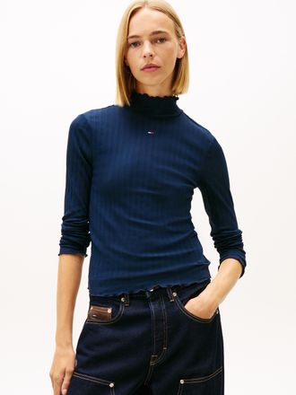 Tommy Jeans Langarmshirt TOMMY JEANS TJW SLIM RIB LETTUCE EDGE LS, Damen, Gr. XL (42), schwarz night navy, Single Jersey, Obermaterial: 95% Baumwolle, 5% Elasthan