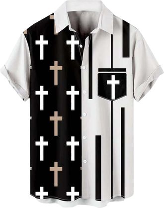 Generic Vintage Shirts for Men Casual Button Down Bowling Shirts 50s Rockabilly Style Short Sleeve Regular Fit Hawaiian Shirts, D Black, XL